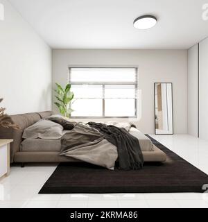 Comfortable bed next to a bright window with carpet and bright floor; 3D; 3D Illustration Stock Photo