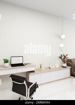Interior of a room with a desk next to a bed with white walls; 3D; 3D Illustration Stock Photo