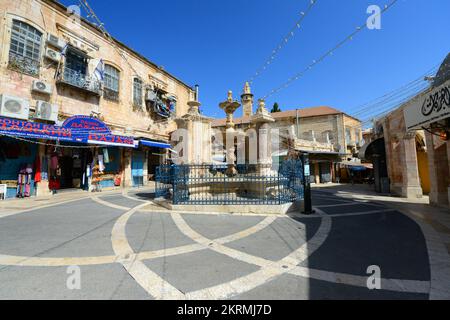 The fountain at the Muristan square in Old City on the site of Knights Hospitaller hospital founded in 1023. Old city of Jerusalem. Stock Photo