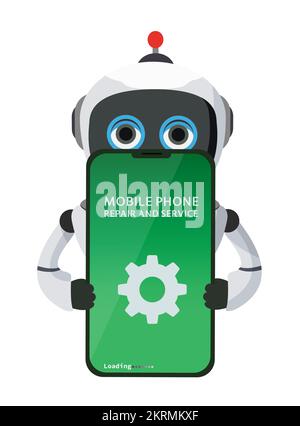 Robot repair vector design. Mobile phone repair and service apps with ai technology character for trouble shoot webpage system error. Stock Vector
