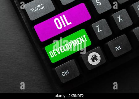 Handwriting text Oil Development, Conceptual photo act or process of exploring an area on land or sea for oil Stock Photo