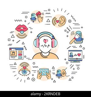 ASMR web banner. Infographics with linear icons on white background. Creative idea concept. Stock Vector