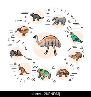 Australian animals web banner. Infographics with linear icons on white background. Creative idea concept. Stock Vector