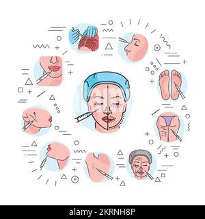 Cosmetology web banner. Infographics with linear icons on white background. Creative idea concept. Stock Vector