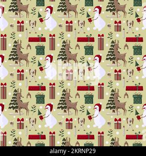 Christmas seamles pattern with tree, santa, decoration, gifts. Christmas seamless pattern perfect for textile, wrap and wallpaper and design. Stock Vector