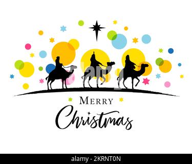 Three wise men in silhouette on colored confetti and stars. Nativity scene with three kings, camels and Bethlehem star. Vector illustration Stock Vector