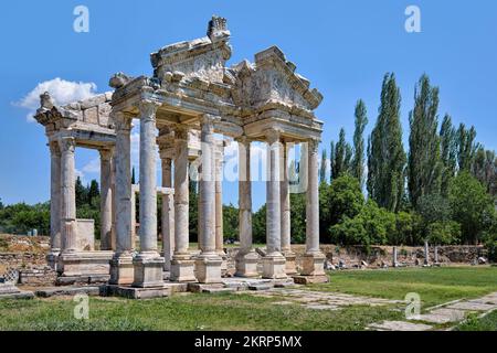 Aydın, Turkey- August 12, 2021: Tetrapylon of monumental gateway at Aphrodisias which is a remarkably preserved Roman-period city in ancient Caria Stock Photo