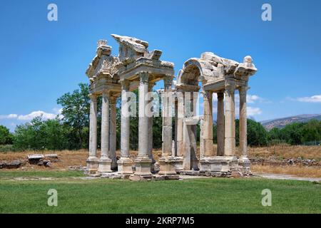 Aydın, Turkey- August 12, 2021: Tetrapylon of monumental gateway at Aphrodisias which is a remarkably preserved Roman-period city in ancient Caria Stock Photo