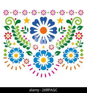 Mexican folk art style vector design with flowers and leaves, vibrant pattern perfect for greeting card or wedding invitation design Stock Vector