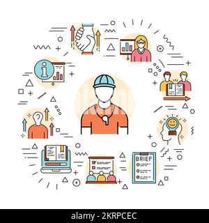 Coaching web banner. Infographics with linear icons on white background. Creative idea concept. Stock Vector