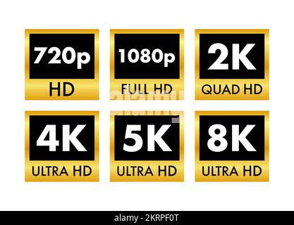 Video dimension labels. Video resolution 720, 1080, 2k, 4k, 8k badges. Quality design element. Vector stock illustration. Stock Vector
