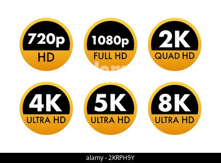 Video dimension labels. Video resolution 720, 1080, 2k, 4k, 8k badges. Quality design element. Vector stock illustration. Stock Vector
