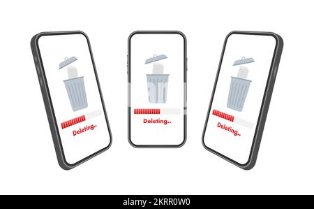 Process Delete file in paper. Remove document on smartphone screen. Vector stock illustration. Stock Vector