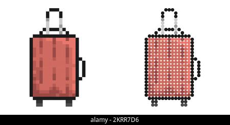 Pixel icon. Travel bag. Suitcase for luggage on wheels. Transportation of things in transport while on vacation. Simple retro game vector isolated on Stock Vector