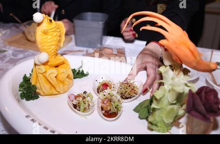 Paris, France. 28th Nov, 2022. Chinese snack dishes are presented at the unveiling ceremony of LA LISTE 2023 world restaurant ranking at the French Ministry of Foreign Affairs in Paris, France, Nov. 28, 2022. LA LISTE 2023, the latest update of a list of the best global restaurants, was unveiled here on Monday. Starting from 2015, LA LISTE has been handpicking the world's best restaurants based on the compilation of hundreds of guidebooks and publications plus millions of online reviews. Credit: Gao Jing/Xinhua/Alamy Live News Stock Photo
