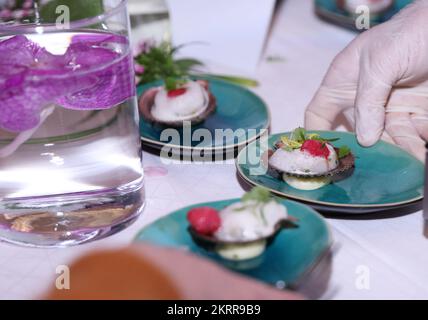 Paris, France. 28th Nov, 2022. Snack dishes are presented at the unveiling ceremony of LA LISTE 2023 world restaurant ranking at the French Ministry of Foreign Affairs in Paris, France, Nov. 28, 2022. LA LISTE 2023, the latest update of a list of the best global restaurants, was unveiled here on Monday. Starting from 2015, LA LISTE has been handpicking the world's best restaurants based on the compilation of hundreds of guidebooks and publications plus millions of online reviews. Credit: Gao Jing/Xinhua/Alamy Live News Stock Photo