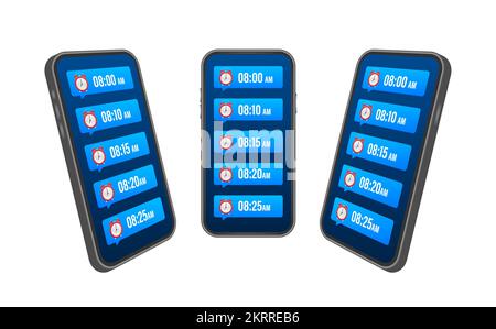Cartoon mockup with black alarm smartphone. Smartphone mockup. Calendar reminder. Message notification icon. Stock Vector