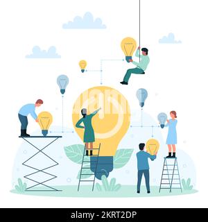 Environmental conservation and green technology to save energy and electricity vector illustration. Cartoon tiny people pressing power button inside light bulb, employees holding bright lamps Stock Vector