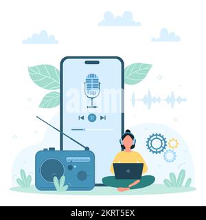Sound recording with mobile app vector illustration. Cartoon tiny person using smart voice assistant software with microphone button on phone screen to record soundwaves, vocal and voice commands Stock Vector