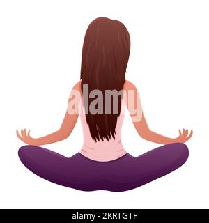 Meditation female character sitting in lotus pose, back view in cartoon style isolated on white background. Vector illustration Stock Vector