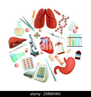 Medicine and treatment picture in form of circle. Subjects of study. Equipment and human internal organs for treatment. Isolated on white background. Stock Vector