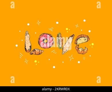 Colorful word Love made of hand drawn bakery Stock Vector