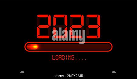 Loading to up 2023 Happy new year. Red led neon digital time style. Progress bar almost reaching new year eve. Vector illustration with display 2023 Stock Vector