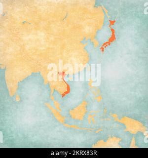 Japan and Vietnam on the map of East and Southeast Asia in soft grunge and vintage style, like old paper with watercolor painting. Stock Photo