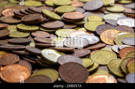 Close up of various old and used euro cent coins. Selective focus Stock Photo