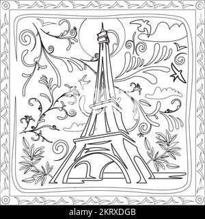 Coloring Page Drawing of the Eiffel Tower in Paris with Foliage and Frame Black and White Stock Vector