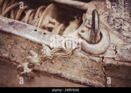 Close up shot of a used dirty hook from a truck winch. Stock Photo