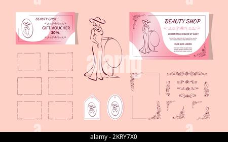 Beauty shop corporate identity. Lady with mirror, bonus flourishes Stock Vector