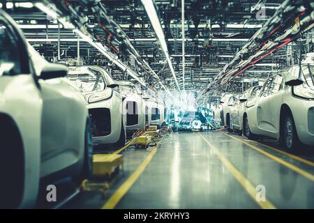 Splendid 3D illustration of automotive industry with assembly line conveyors. Advance modern high-tech vehicle assembly plant. Robotic arm welding Stock Photo