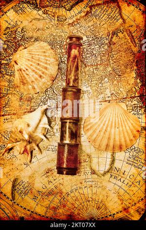 Marine sea exploration details on a map seashells and telescope on faded antique voyage map. Ocean adventures Stock Photo