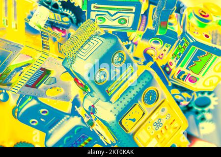 Retro poster art on an electronics abstract of industrial robot toys from a mechanised design Stock Photo