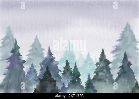 Christmas background with some trees in a foggy and snowy environment. Digital watercolor. Stock Photo