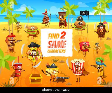 Find two same cartoon pirates fastfood characters on treasure island. Kids game, quiz or vector riddle with hotdog, hamburger and pizza, chicken leg, french fries and donut, popcorn cute personages Stock Vector