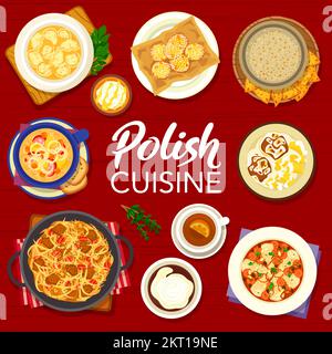 Polish cuisine menu cover. Sugar donut Paczki, carp fish braised with vegetables and roast lamb, tea, stuffed dumplings, sausage and beer soup, pumpkin starch drink Kissel, sauerkraut meat stew Bigos Stock Vector