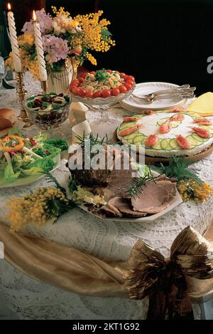 A tempting New Year's Eve buffet on a table Stock Photo