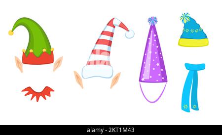 Different Elves hats, ears for masquerade. Pack Cartoon Christmas Children Hat. Stock Vector