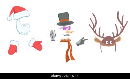 Masks for Santa Claus, deer horns and snowman for masquerade. Stock Vector