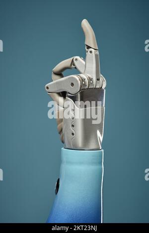 Prosthetic arm showing middle finger, isolated on blue background Stock Photo