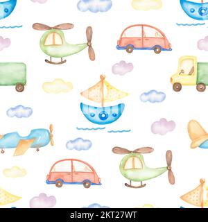 Watercolor transport seamless pattern, pink and yellow car, green truck, boat, helicopter, hand drawn kids transportation pattern. Artwork for textile Stock Photo