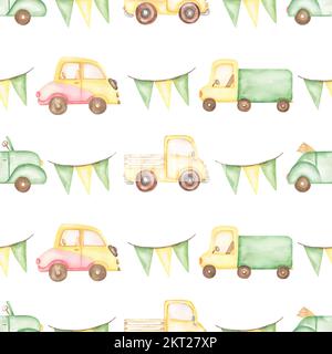 Watercolor transport seamless pattern, pink and yellow car, green truck,  hand drawn kids transportation with party flags pattern. Artwork for textile Stock Photo