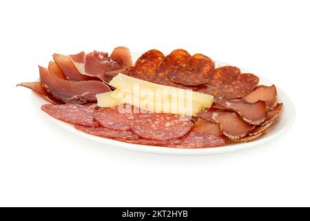 Sausage and cheese on isolated plate. Stock Photo