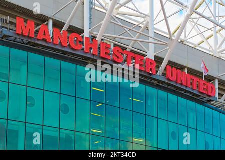 Manchester United Sign on the Clubs Old Trafford Stadium, Trafford, Manchester, United Kingdom Stock Photo