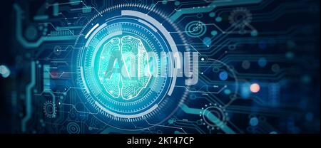 Artificial intelligence technology. Ai Brain Concept. Automation technology and Machine learning in business internet technology. 3D illustration. Stock Photo