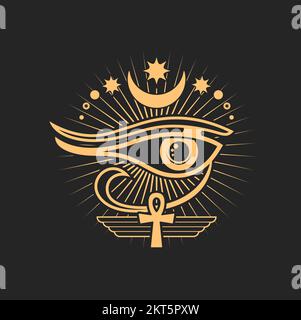 Egyptian cross and moon, magic talisman with Horus eye occult symbol. God Ra eye spiritual amulet, vector alchemy magic esoteric sign Stock Vector