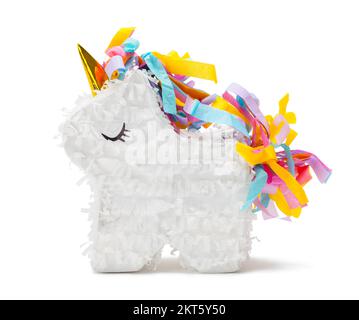 Paper Mache Unicorn Pinata Cut Out On White. Stock Photo