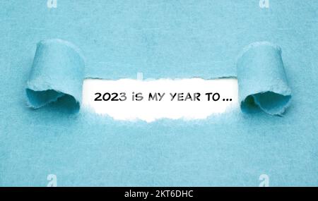 Motivational New Year 2023 resolutions list concept with headline 2023 is my year to written on paper. Stock Photo